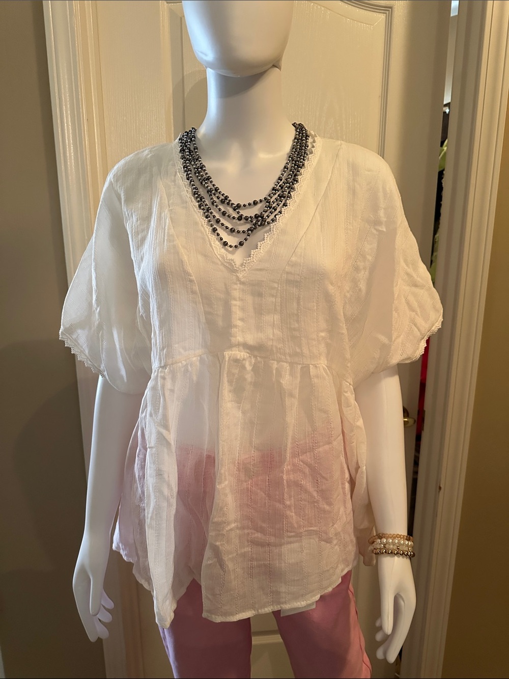 Sew In Love Cream V-Neck Peasant Tunic with Lace Trim